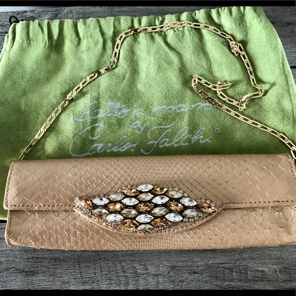 Carlos Falchi python clutch on chain with crystals.